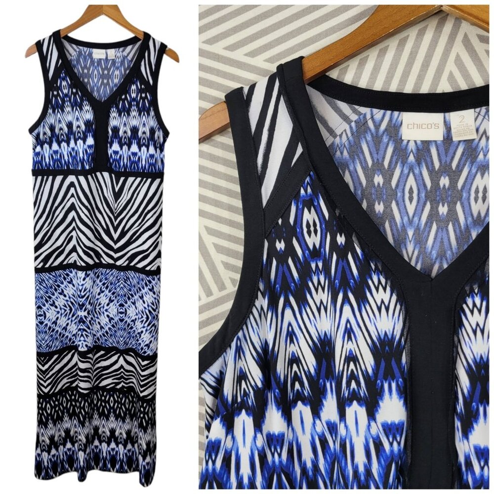 Chicos Dress sz 2 Large Stretchy Knit maxi Blue Casual Party Ikat Zebra Long